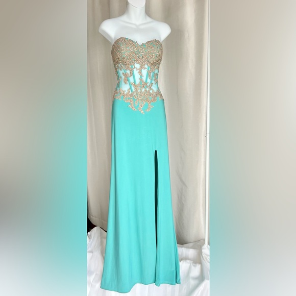 Prom Gown Glow by Colors Size 6, Tiffany Turquoise with Rose Gold Lace Bodice - Picture 7 of 17